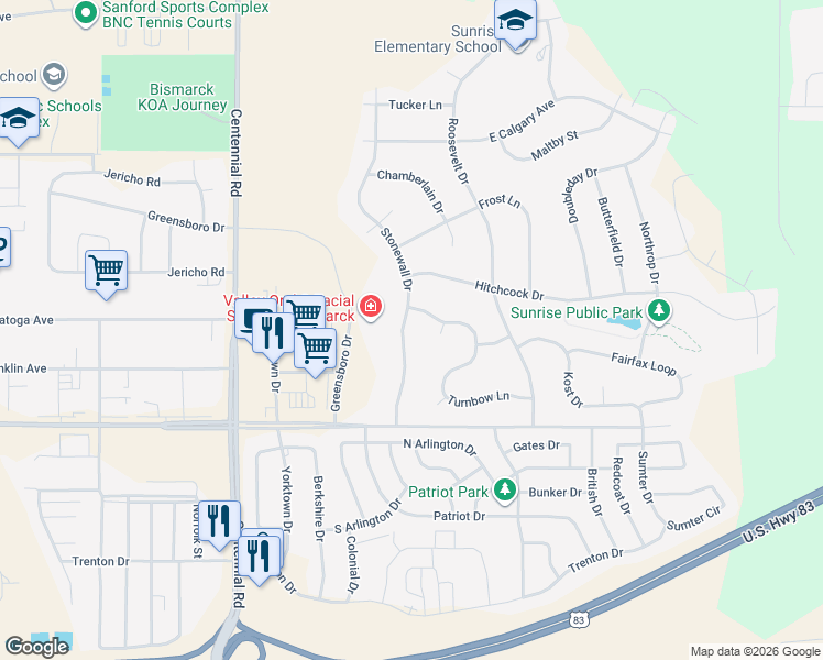 map of restaurants, bars, coffee shops, grocery stores, and more near 3107 Stonewall Drive in Bismarck