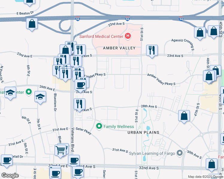 map of restaurants, bars, coffee shops, grocery stores, and more near 2554 Amber Valley Ct S in Fargo