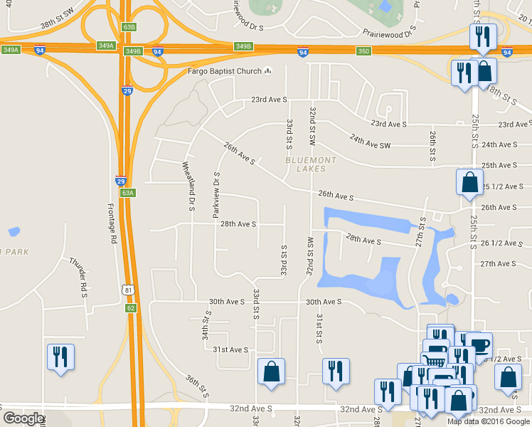 map of restaurants, bars, coffee shops, grocery stores, and more near 3317 Parkview Lane South in Fargo