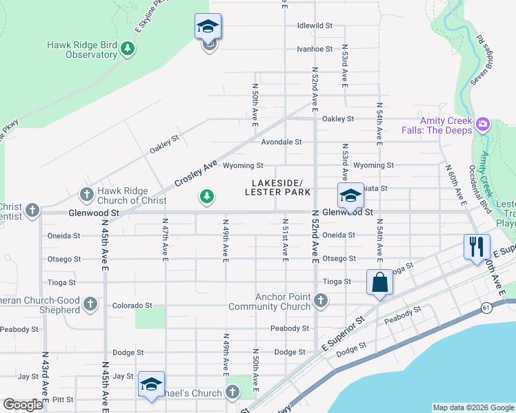 map of restaurants, bars, coffee shops, grocery stores, and more near 5005 Glenwood Street in Duluth