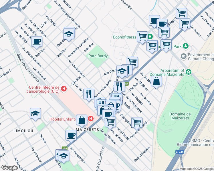 map of restaurants, bars, coffee shops, grocery stores, and more near 1991 Avenue Bardy in Quebec