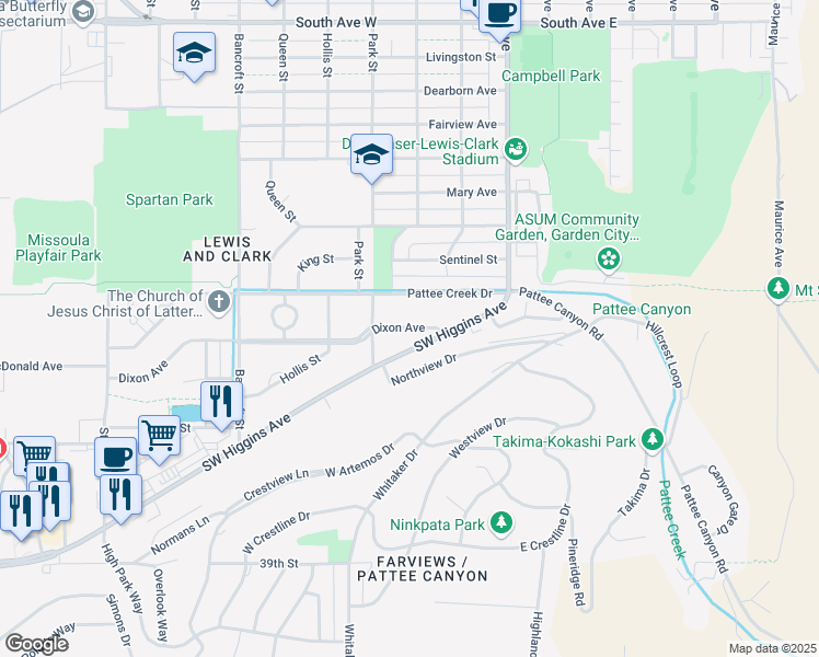 map of restaurants, bars, coffee shops, grocery stores, and more near 239 Dixon Avenue in Missoula