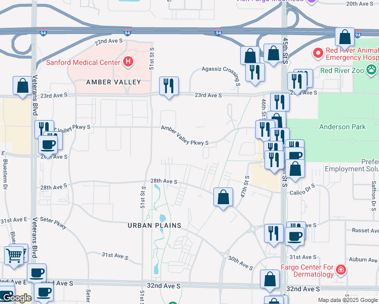 map of restaurants, bars, coffee shops, grocery stores, and more near 4924 Amber Valley Parkway South in Fargo