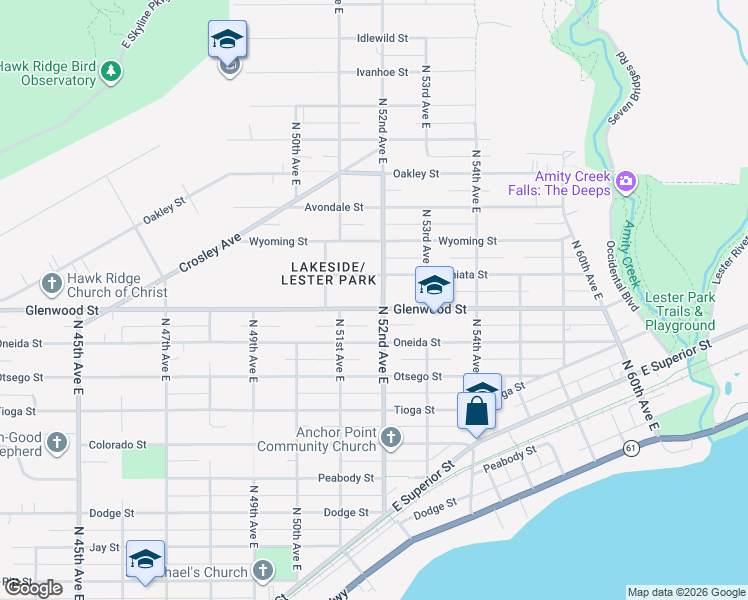 map of restaurants, bars, coffee shops, grocery stores, and more near 5137 Glenwood Street in Duluth