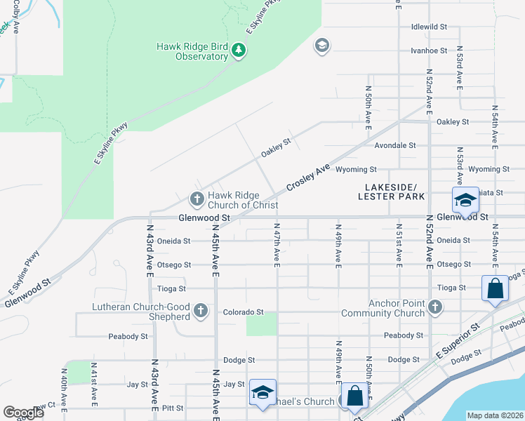 map of restaurants, bars, coffee shops, grocery stores, and more near 4631 Glenwood Street in Duluth