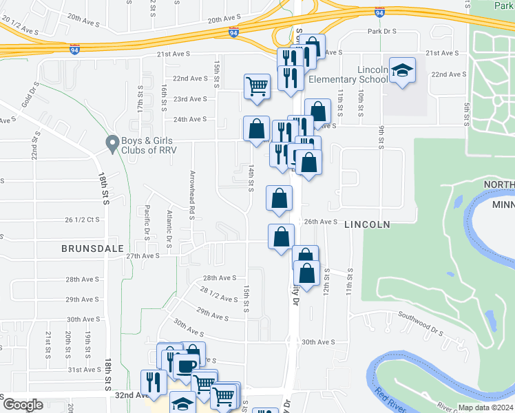 map of restaurants, bars, coffee shops, grocery stores, and more near 2620 14th Street South in Fargo