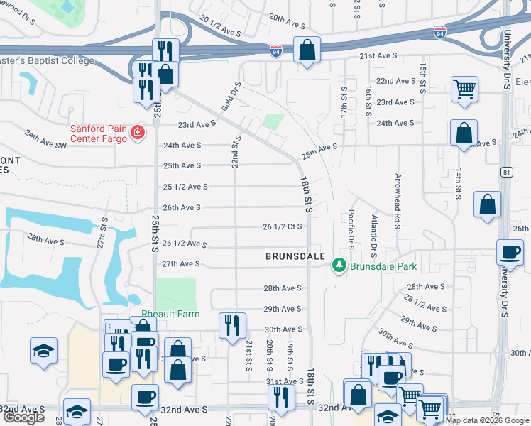 map of restaurants, bars, coffee shops, grocery stores, and more near 1908 26th Avenue South in Fargo