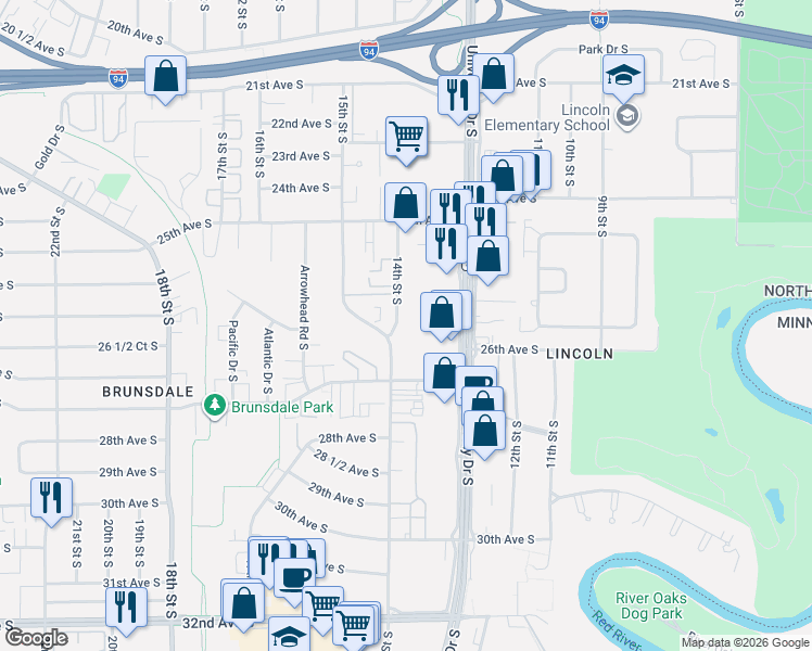 map of restaurants, bars, coffee shops, grocery stores, and more near 2602 14th Street South in Fargo