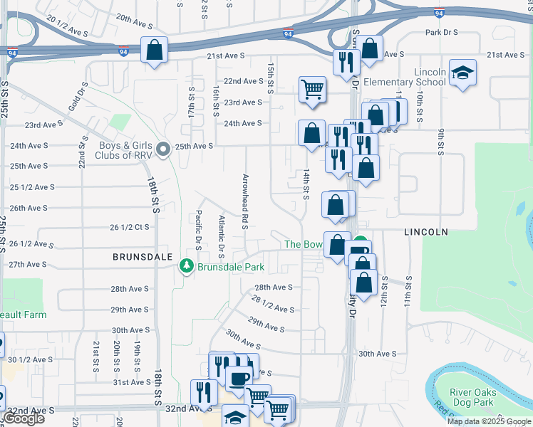 map of restaurants, bars, coffee shops, grocery stores, and more near 2601 15th Street South in Fargo