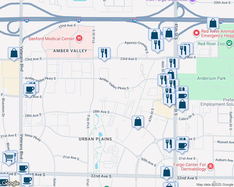 map of restaurants, bars, coffee shops, grocery stores, and more near 4924 Amber Valley Parkway South in Fargo