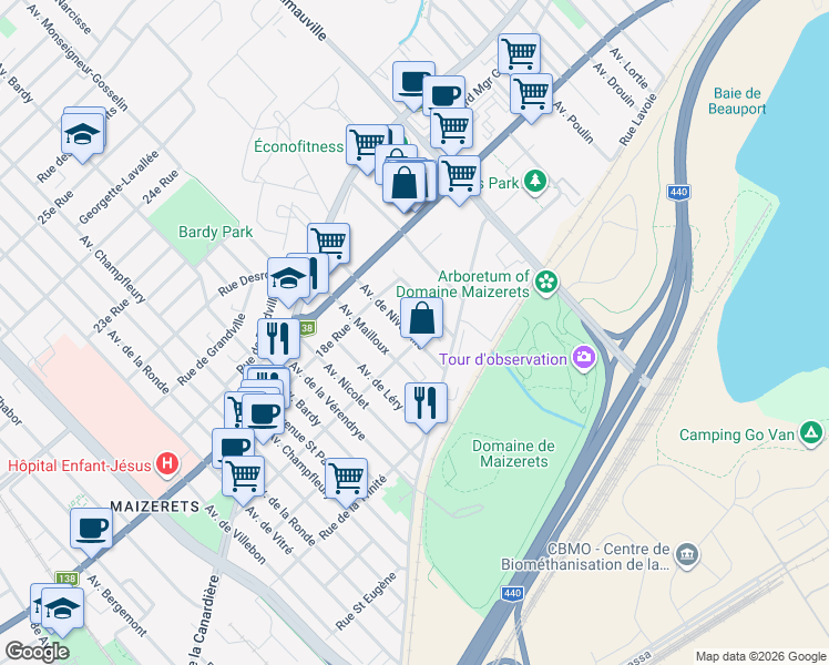 map of restaurants, bars, coffee shops, grocery stores, and more near 1610 Avenue de Niverville in Québec
