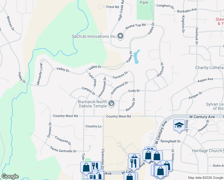 map of restaurants, bars, coffee shops, grocery stores, and more near 3027 Greenwood Drive in Bismarck