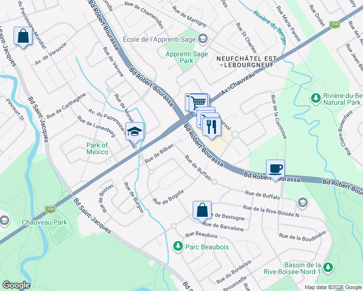 map of restaurants, bars, coffee shops, grocery stores, and more near 2355 Rue de Bilbao in Quebec