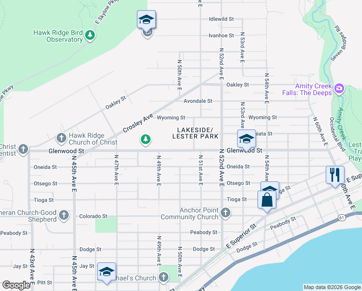 map of restaurants, bars, coffee shops, grocery stores, and more near 5005 Glenwood Street in Duluth