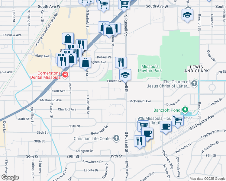 map of restaurants, bars, coffee shops, grocery stores, and more near 1521 Ashberry Court in Missoula