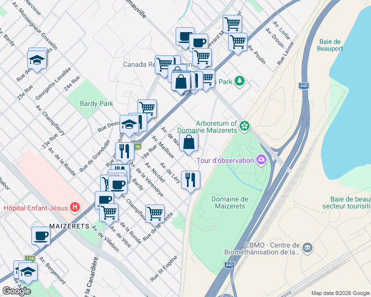 map of restaurants, bars, coffee shops, grocery stores, and more near 1610 Avenue de Niverville in Québec