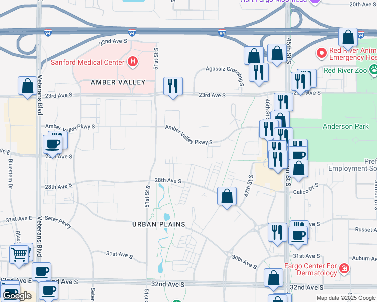 map of restaurants, bars, coffee shops, grocery stores, and more near 4924 Amber Valley Parkway South in Fargo