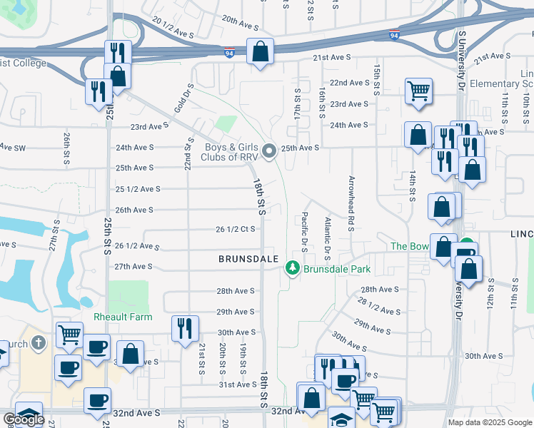 map of restaurants, bars, coffee shops, grocery stores, and more near 2602 18th Street South in Fargo