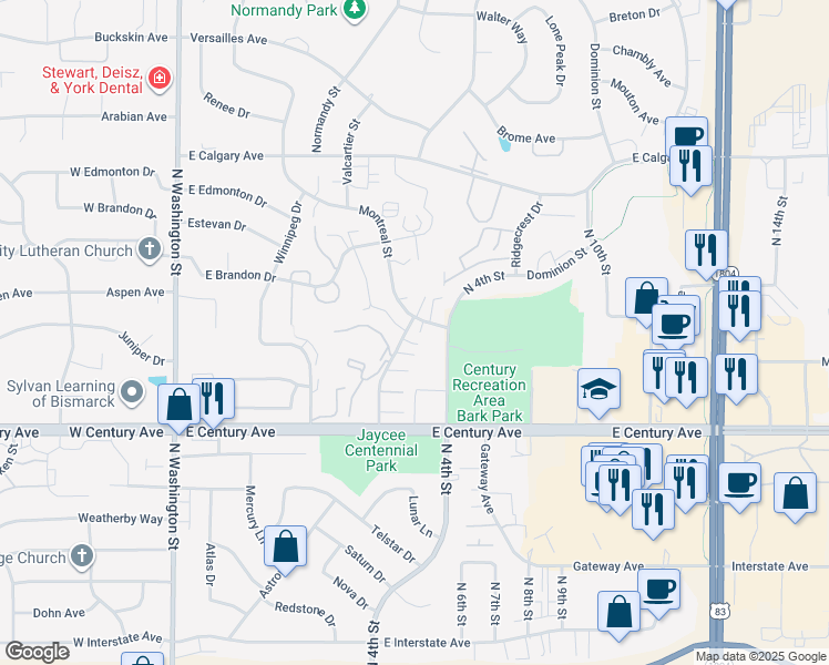 map of restaurants, bars, coffee shops, grocery stores, and more near 3155 Manitoba Lane in Bismarck