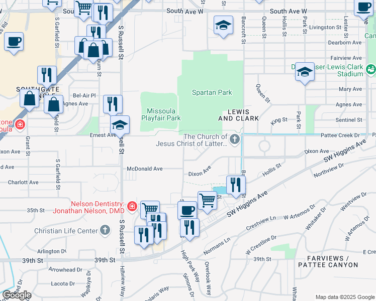 map of restaurants, bars, coffee shops, grocery stores, and more near 3214 Stephens Avenue South in Missoula