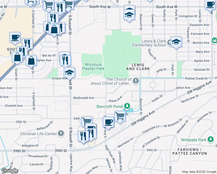 map of restaurants, bars, coffee shops, grocery stores, and more near 900 Spartan Drive in Missoula