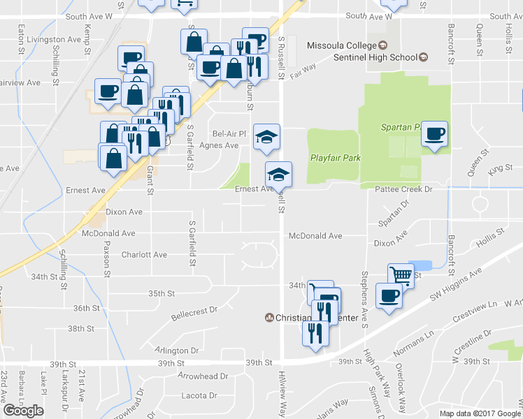 map of restaurants, bars, coffee shops, grocery stores, and more near 1521 Ashberry Court in Missoula