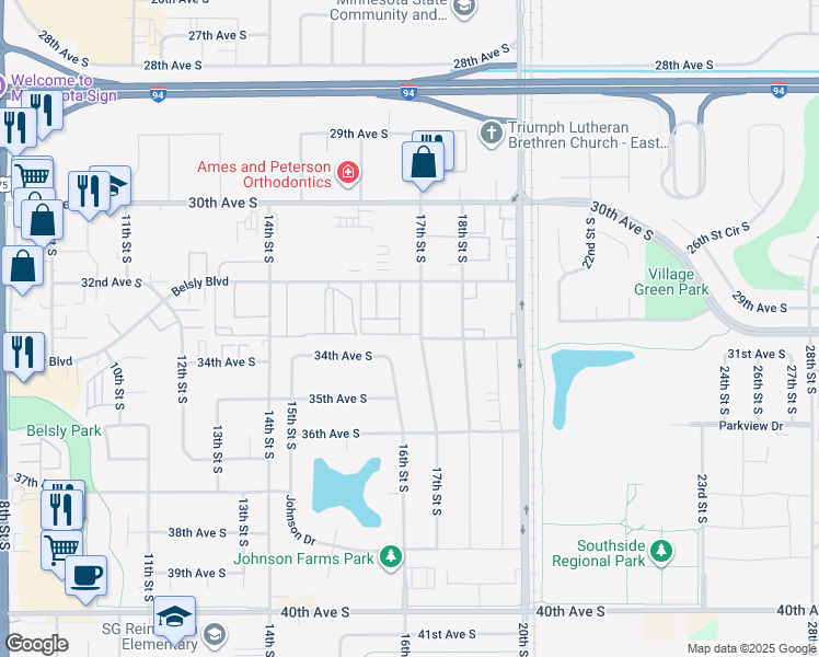 map of restaurants, bars, coffee shops, grocery stores, and more near 3337 17th Street South in Moorhead