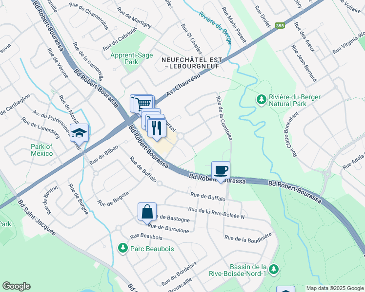 map of restaurants, bars, coffee shops, grocery stores, and more near 8509 Rue du Chevalet in Québec