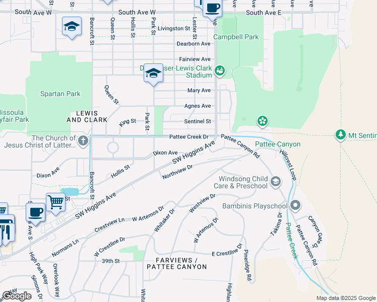 map of restaurants, bars, coffee shops, grocery stores, and more near 178 Southwest Higgins Avenue in Missoula