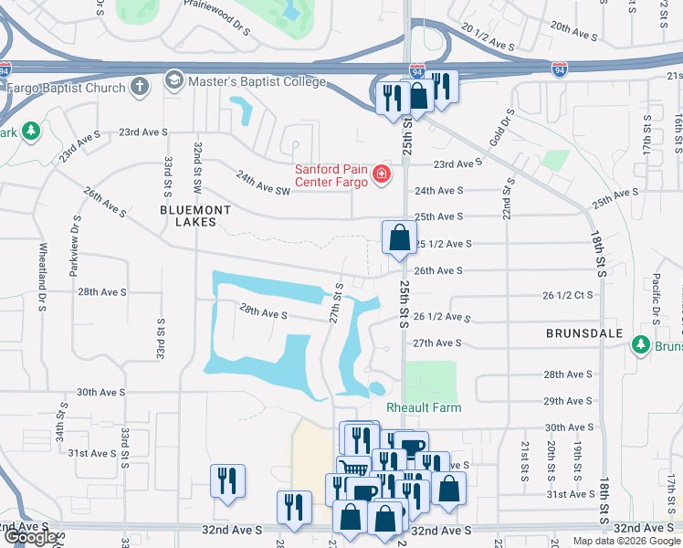 map of restaurants, bars, coffee shops, grocery stores, and more near 26th Avenue Southwest in Fargo