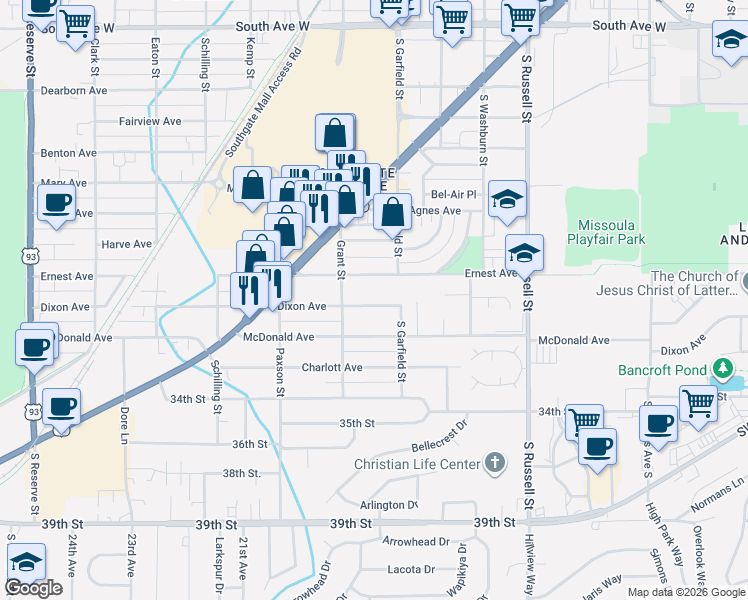 map of restaurants, bars, coffee shops, grocery stores, and more near 1829 Dixon Avenue in Missoula