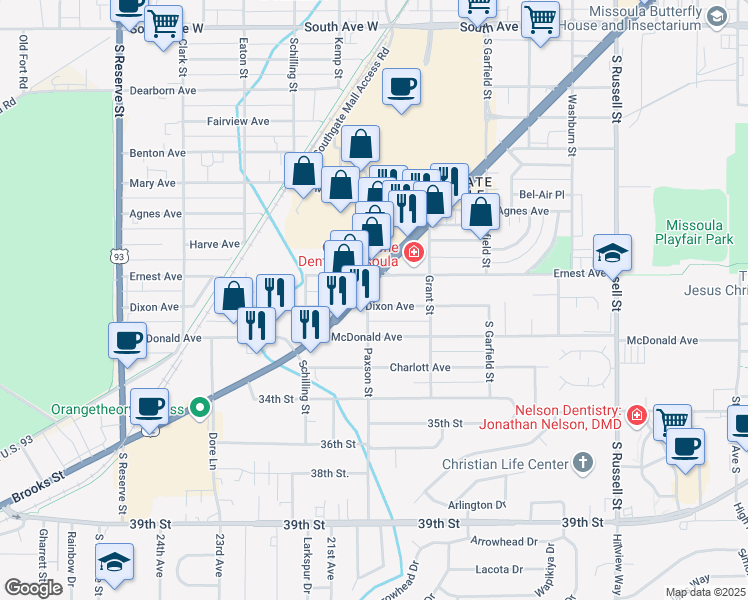 map of restaurants, bars, coffee shops, grocery stores, and more near 1945 Dixon Avenue in Missoula