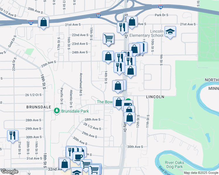 map of restaurants, bars, coffee shops, grocery stores, and more near 2620 14th Street South in Fargo