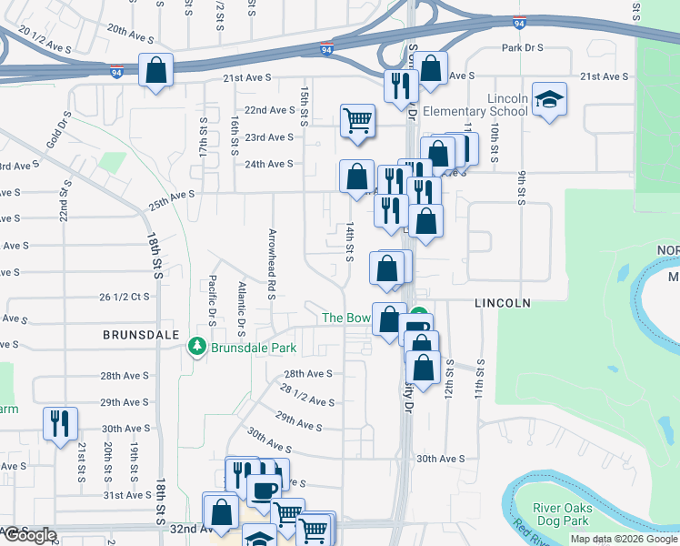 map of restaurants, bars, coffee shops, grocery stores, and more near 2621 14th Street South in Fargo