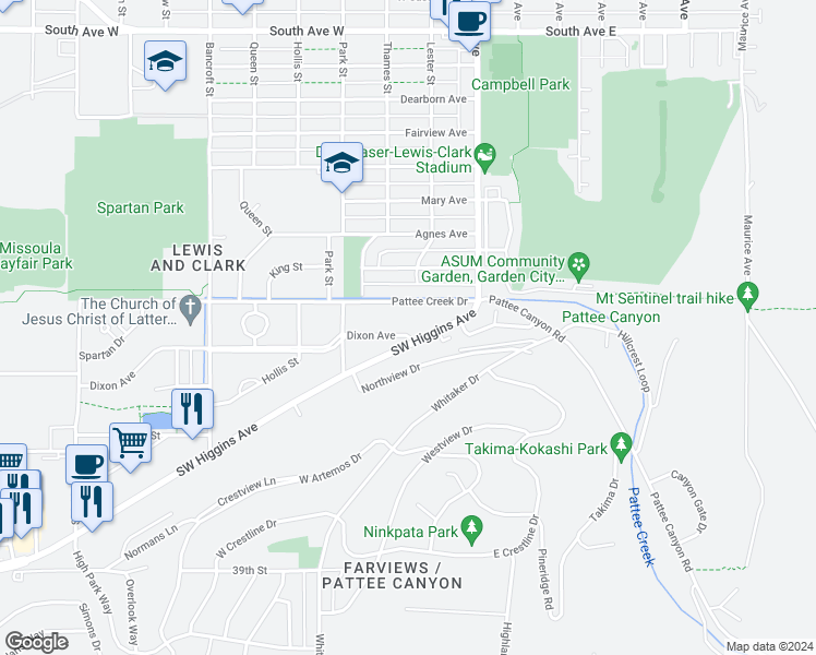 map of restaurants, bars, coffee shops, grocery stores, and more near 204 Dixon Avenue in Missoula