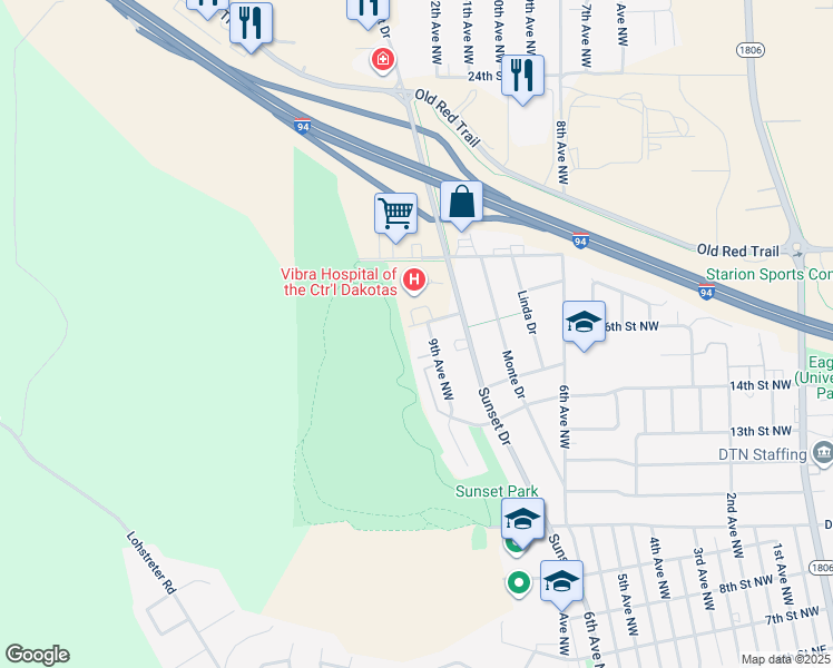 map of restaurants, bars, coffee shops, grocery stores, and more near 1007 18th Street Northwest in Mandan