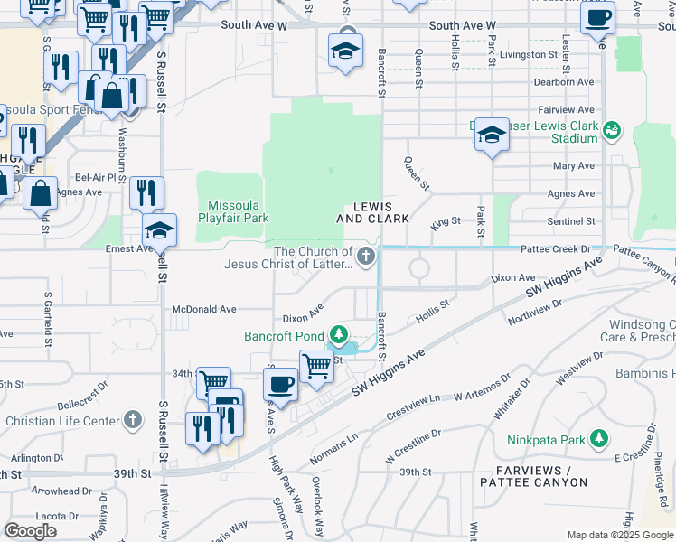map of restaurants, bars, coffee shops, grocery stores, and more near 801 Spartan Drive in Missoula