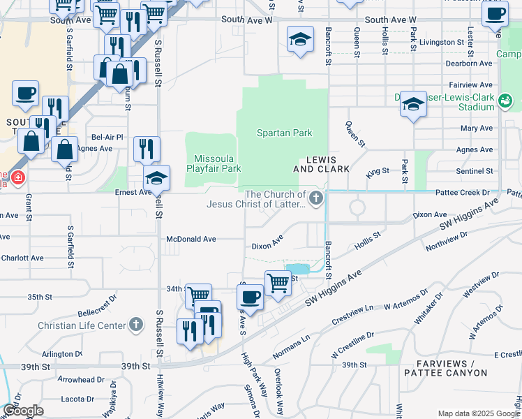 map of restaurants, bars, coffee shops, grocery stores, and more near 199 Camelot Court in Missoula