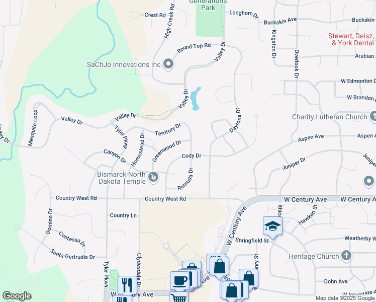map of restaurants, bars, coffee shops, grocery stores, and more near 925 Cody Drive in Bismarck