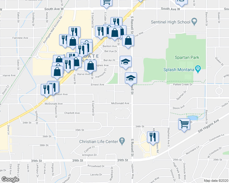map of restaurants, bars, coffee shops, grocery stores, and more near 1598 Ashberry Court in Missoula