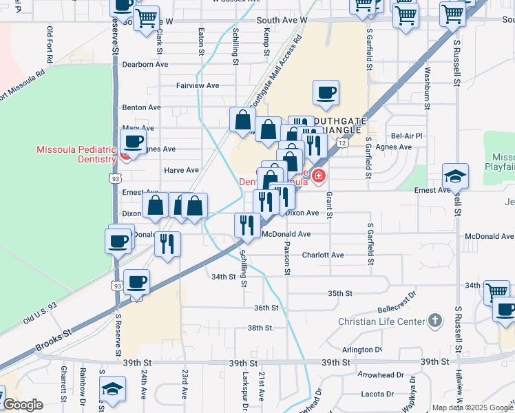 map of restaurants, bars, coffee shops, grocery stores, and more near 3100-3198 Schilling Street in Missoula