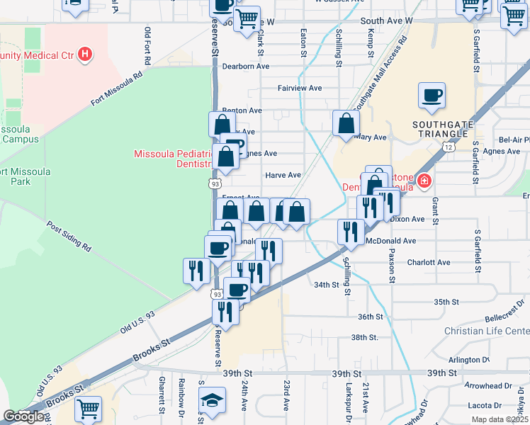 map of restaurants, bars, coffee shops, grocery stores, and more near 2356 Dixon Avenue in Missoula