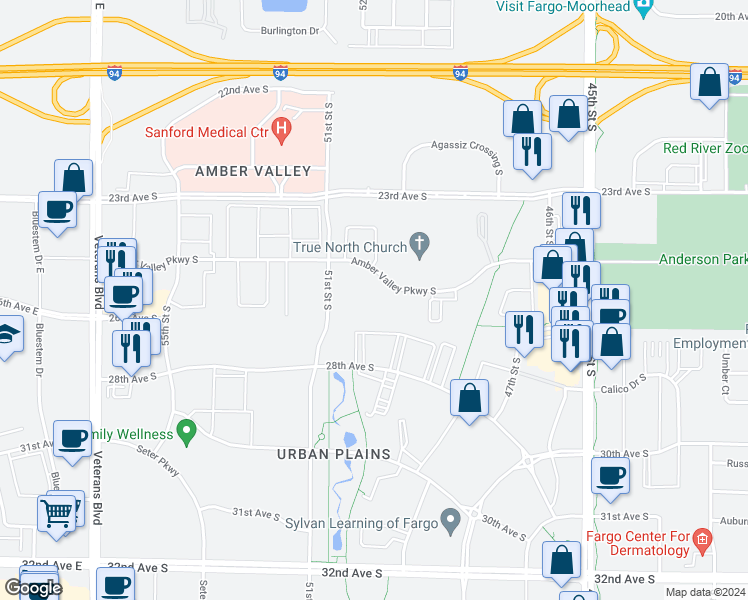 map of restaurants, bars, coffee shops, grocery stores, and more near 4854 Amber Valley Parkway South in Fargo
