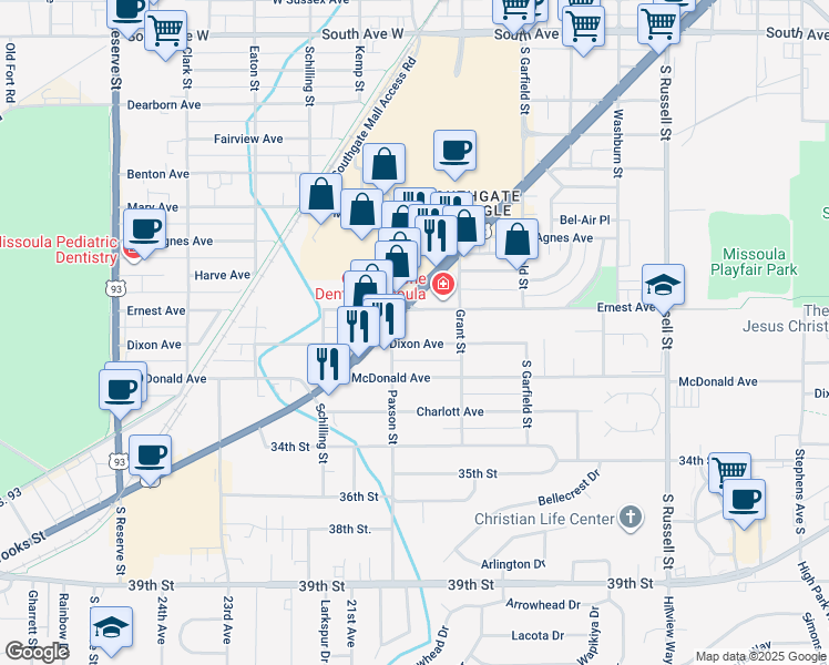 map of restaurants, bars, coffee shops, grocery stores, and more near 1945 Dixon Avenue in Missoula