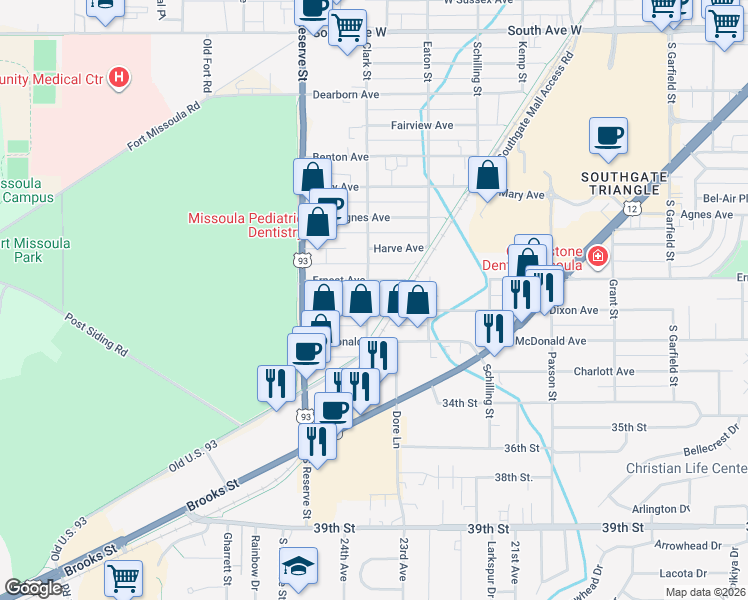 map of restaurants, bars, coffee shops, grocery stores, and more near 2333 Dixon Avenue in Missoula