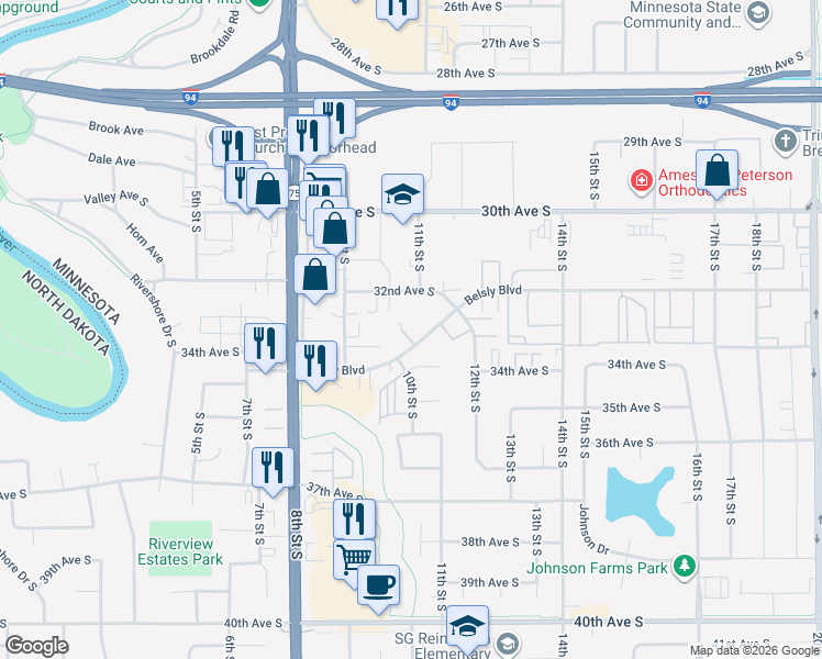 map of restaurants, bars, coffee shops, grocery stores, and more near 1022 Belsly Boulevard in Moorhead