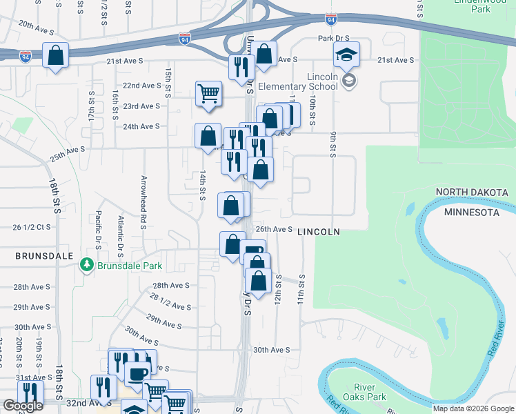 map of restaurants, bars, coffee shops, grocery stores, and more near 2538 South University Drive in Fargo