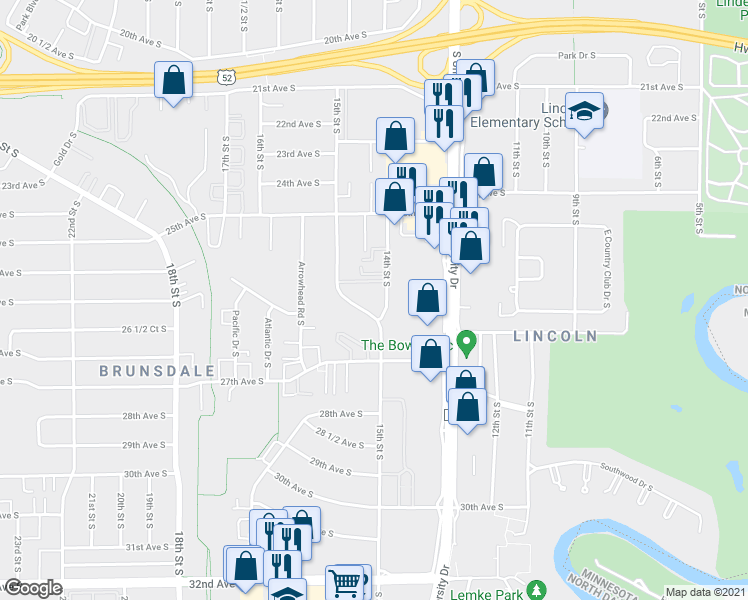 map of restaurants, bars, coffee shops, grocery stores, and more near 2615 15th Street South in Fargo