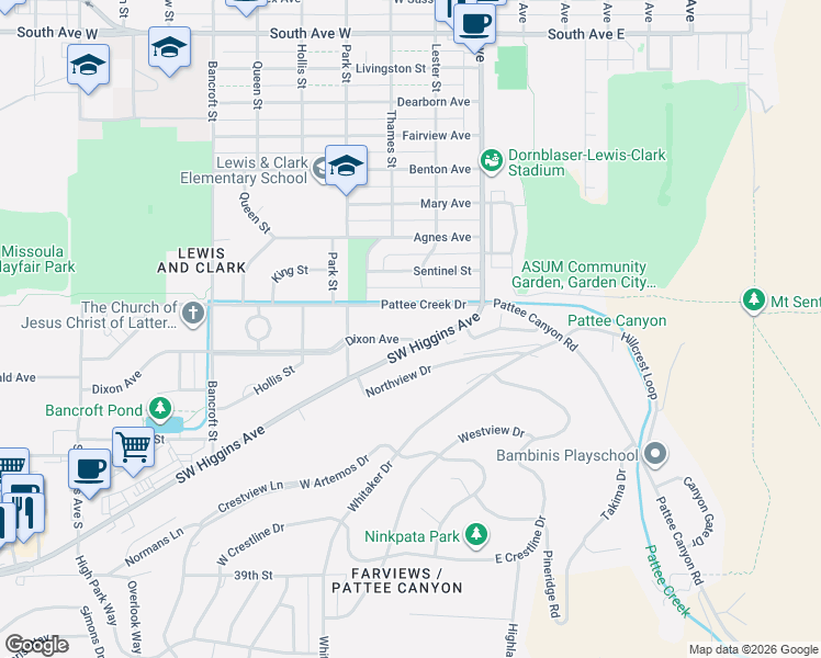 map of restaurants, bars, coffee shops, grocery stores, and more near 178 Southwest Higgins Avenue in Missoula