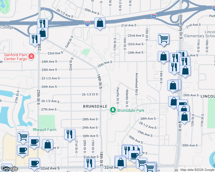map of restaurants, bars, coffee shops, grocery stores, and more near 2602 18th Street South in Fargo